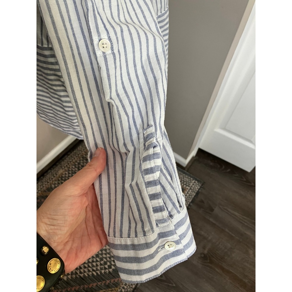 J. Jill Cotton Collarless Mixed Stripe Tunic Roll‎ Tab Sleeves Blue White Large - Picture 3 of 5
